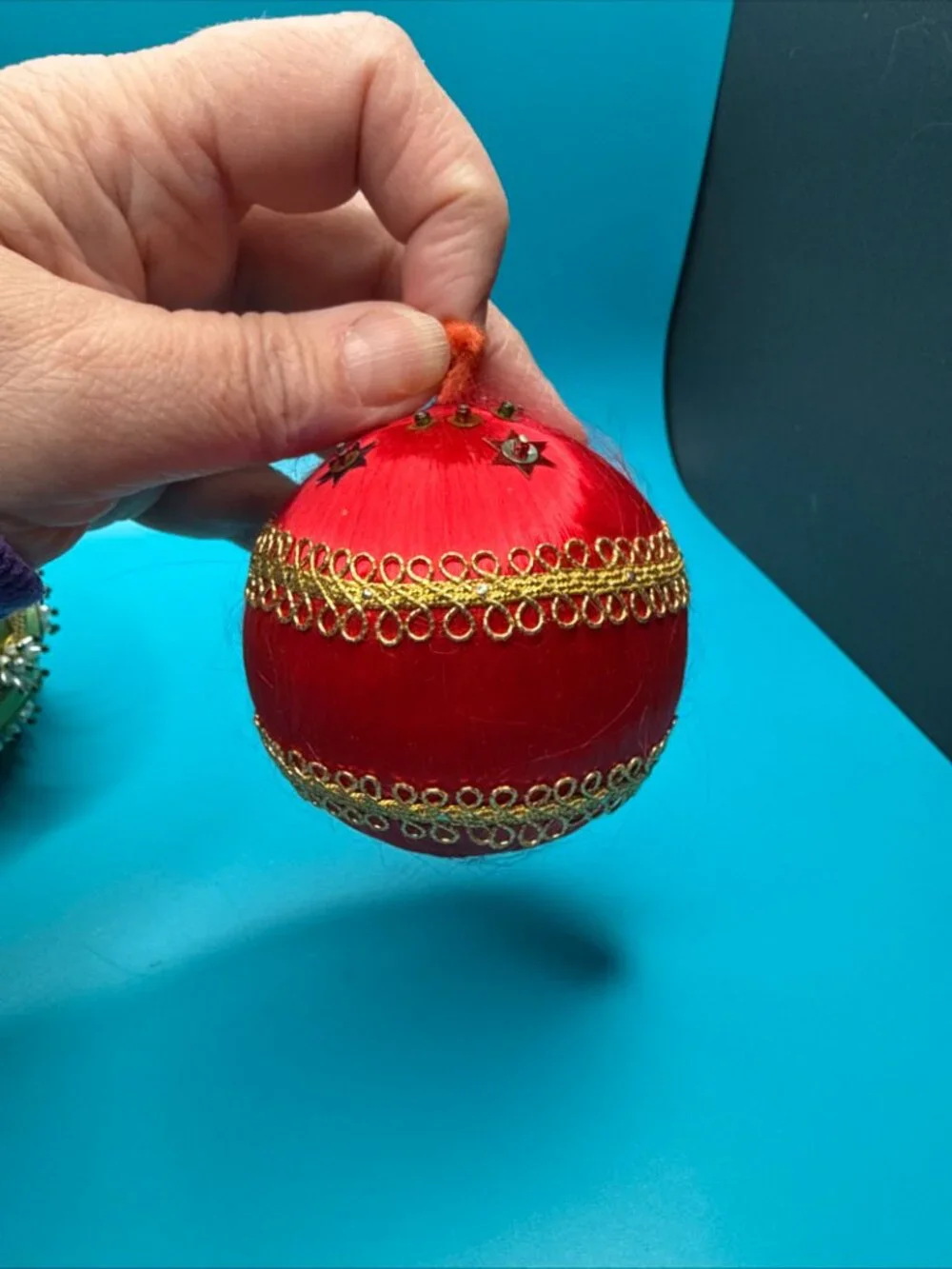 VTG Lot of 3 Push Pin Satin Beaded Jeweled Bulb Christmas Ornaments Red & Green